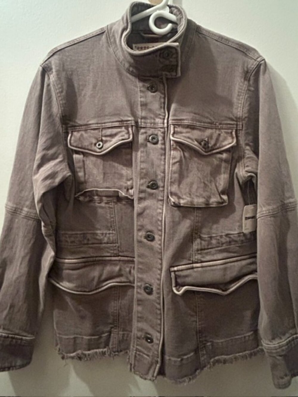 Free People Harley Utility Military Denim Raw Edge Button Front Shirt Jacket NWT